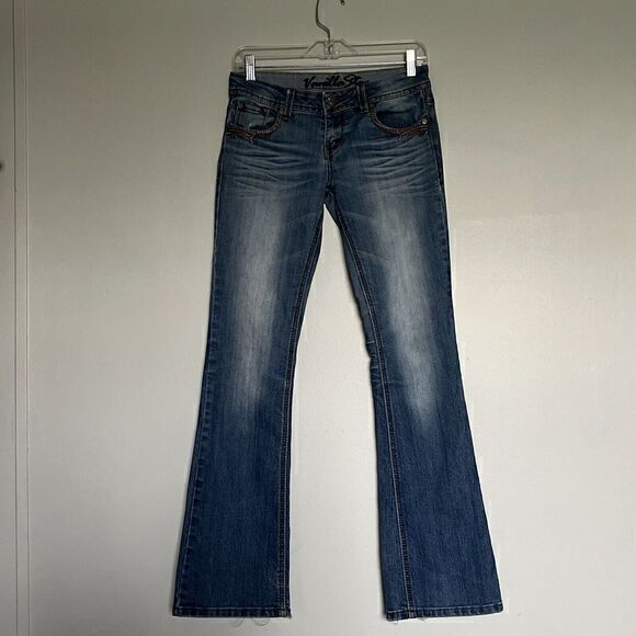 Vanilla Star Y2K Low Rise ‎ 5 Bootcut  jeans Embroidered Pockets Distressed - Picture 1 of 7